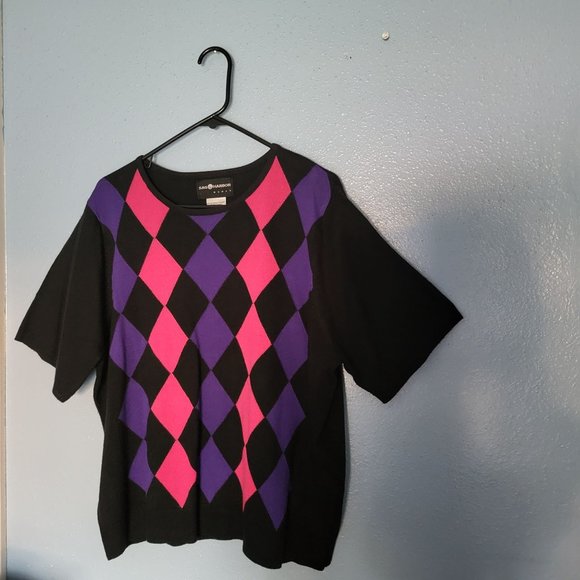 Sag Harbor Womans Black Pink Purple Harlequin Graphic Pullover Short Sleeve Shir - Picture 3 of 12